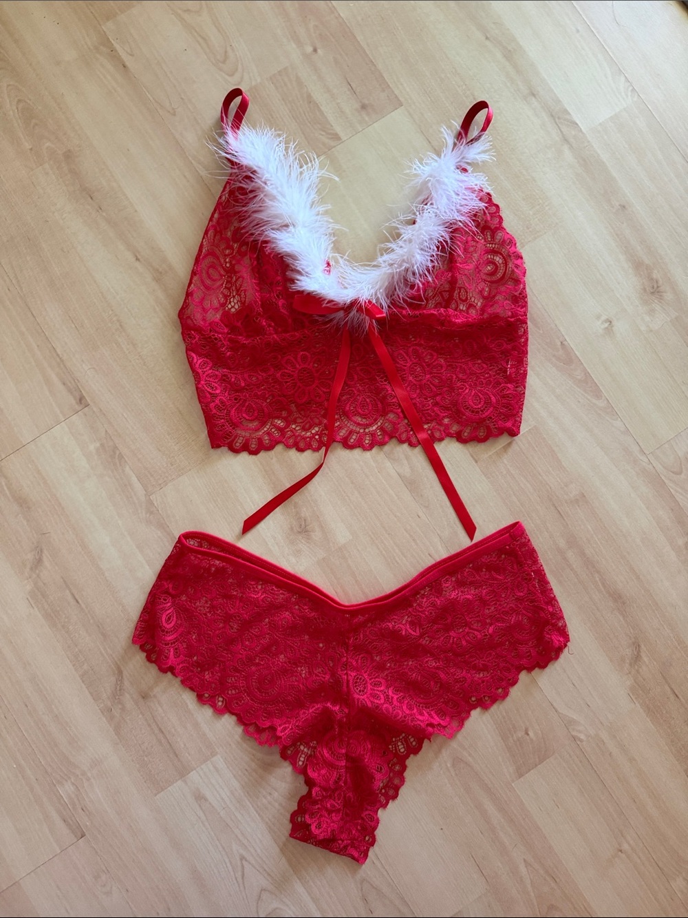 Red Lace Bralette & Brief Set with White Feather Trim